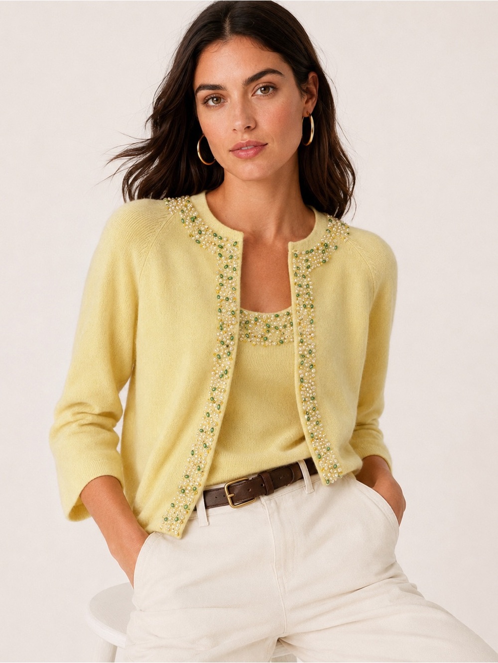 100% Cashmere Beaded Cardigan Top Set Cynthia Steffe L Pastel Butter Yellow Fall